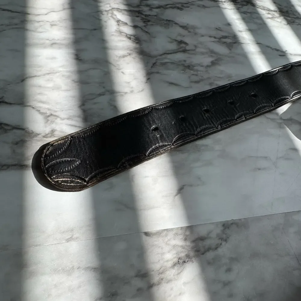 Vintage Black Leather Belt Strap Size 24 Youth Scalloped Stamped Edge
